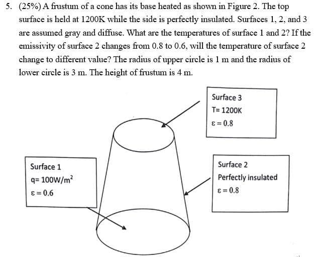 5. (25%) A frustum of a cone has its base heated as shown in Figure 2. The top
surface is held at 1200K while the side is perfectly insulated. Surfaces 1, 2, and 3
are assumed gray and diffuse. What are the temperatures of surface 1 and 2? If the
emissivity of surface 2 changes from 0,8 to 0.6, will the temperature of surface 2
change to different value? The radius of upper circle is 1 m and the radius of
lower circle is 3 m. The height of frustum is 4 m.
Surface 3
T= 1200K
8 = 0.8
Surface 1
Surface 2
q= 100W/m?
8 = 0.6
Perfectly insulated
ɛ = 0.8
