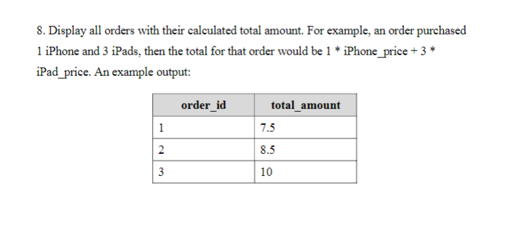 8. Display all orders with their calculated total amount. For example, an order purchased
1 iPhone and 3 iPads, then the total for that order would be 1 * iPhone_price + 3 *
iPad_price. An example output:
order_id
total_amount
1
7.5
2
8.5
3
10
