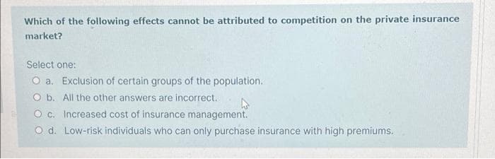 Which of the following effects cannot be attributed to competition on the private insurance
market?
Select one:
O a. Exclusion of certain groups of the population.
O b. All the other answers are incorrect.
O c. Increased cost of insurance management.
O d. Low-risk individuals who can only purchase insurance with high premiums.

