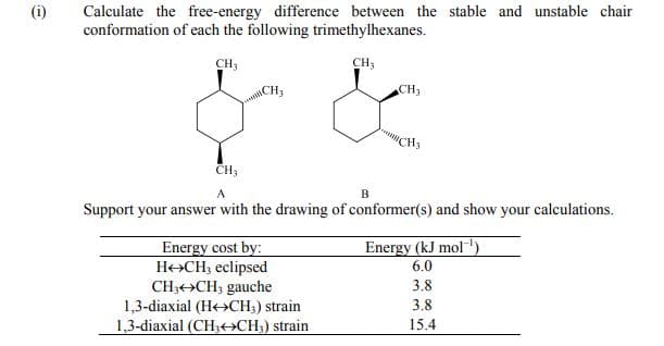 Calculate the free-energy difference between the stable and unstable chair
conformation of each the following trimethylhexanes.
(i)
CH3
CH;
CH3
CH3
CH,
A
Support your answer with the drawing of conformer(s) and show your calculations.
Energy (kJ mol')
Energy cost by:
H+CH; eclipsed
CH3+>CH; gauche
1,3-diaxial (He>CH3) strain
1,3-diaxial (CH3<CH;) strain
6.0
3.8
3.8
15.4
