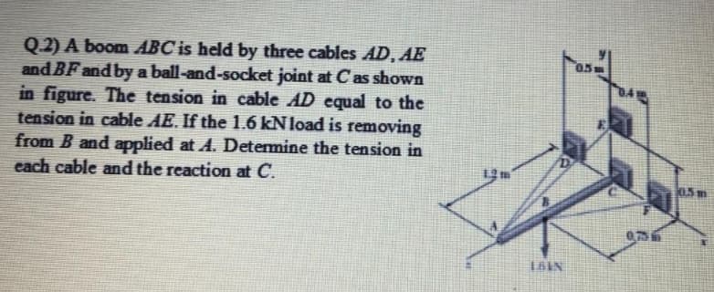 Q.2) A boom ABC is held by three cables AD, AE
and BF and by a ball-and-socket joint at C as shown
in figure. The tension in cable AD equal to the
tension in cable AE. If the 1.6 kNload is removing
from B and applied at A. Determine the tension in
each cable and the reaction at C.
KL.Sm
0756
