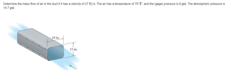 Determine the mass flow of air in the duct if it has a velocity of 27 ft/s. The air has a temperature of 70°F, and the (gage) pressure is 6 psi. The atmospheric pressure is
14.7 psi.
18 in.
15 in.
