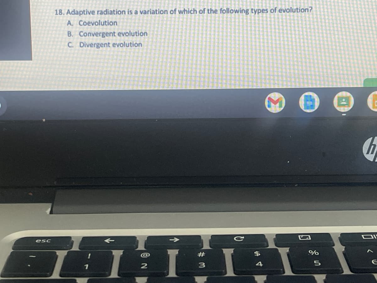 18. Adaptive radiation is a variation of which of the following types of evolution?
A. Coevolution
B. Convergent evolution
C. Divergent evolution
esc
C
DI
@
#
%
SHAHHABE
67
1
2
3
4
5
h