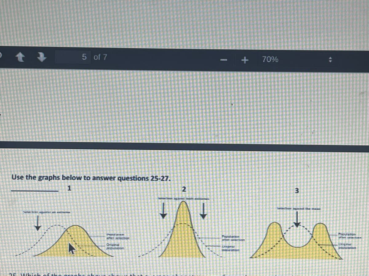 5 of 7
Use the graphs below to answer questions 25-27.
1
2
Slat
Peophil arxam
APICE SECT
A
Crional
25 Yabich of th
T
Pepelyan
DEIND
+
70%
s
3
PORVATION
THE WE
Ungre
pazuation