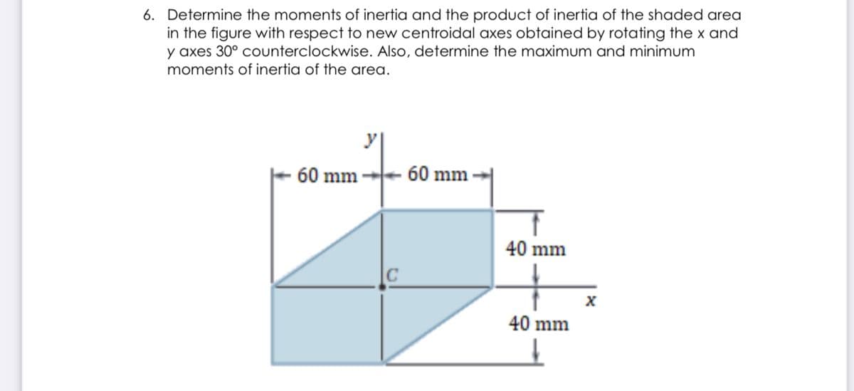 6. Determine the moments of inertia and the product of inertia of the shaded area
in the figure with respect to new centroidal axes obtained by rotating the x and
y axes 30° counterclockwise. Also, determine the maximum and minimum
moments of inertia of the area.
60 mm -
60 mm
40 mm
40 mm
