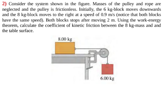 2) Consider the system shown in the figure. Masses of the pulley and rope are
neglected and the pulley is frictionless. Initially, the 6 kg-block moves downwards
and the 8 kg-block moves to the right at a speed of 0.9 m/s (notice that both blocks
have the same speed). Both blocks stops after moving 2 m. Using the work-energy
theorem, calculate the coefficient of kinetic friction between the 8 kg-mass and and
the table surface.
8.00 kg
6.00 kg
