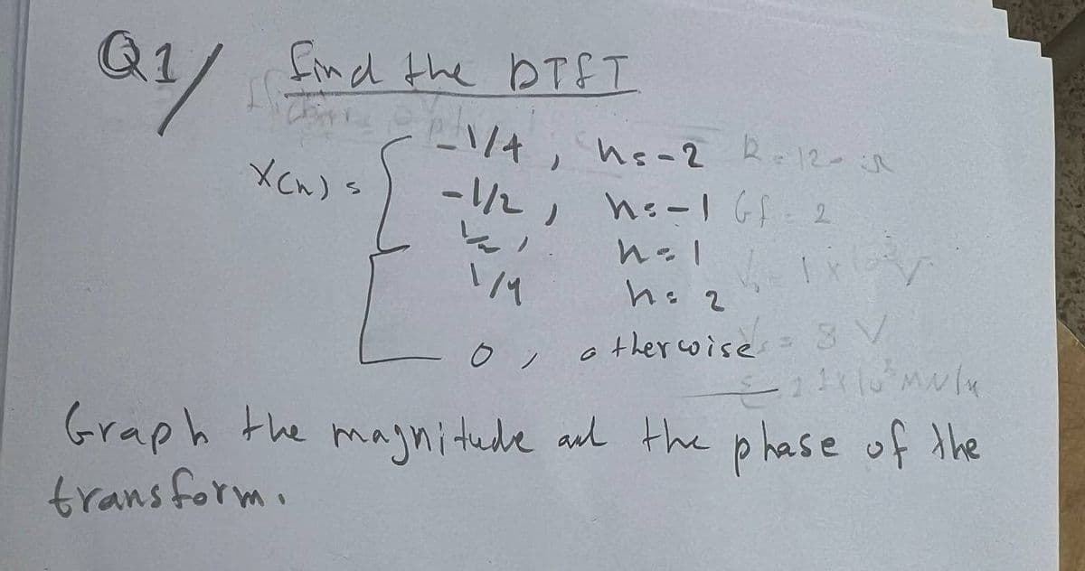 the DTST
Q1/ find the 1/4, ne-2 2-12-
XCW)
X(n) s
-1/2,
hs-1 G2
ارا
h=1
1/
h = 2
O, otherwise.
8 V
Graph the magnitude and the phase of the
transform.