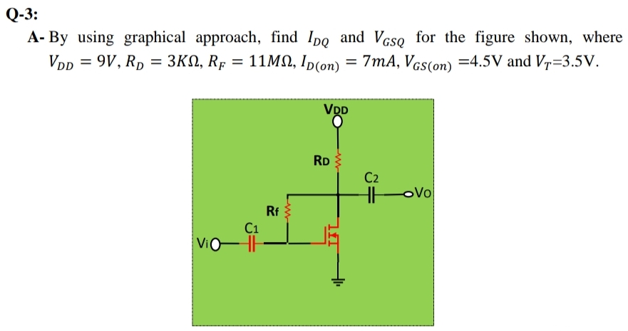 Q-3:
A- By using graphical approach, find Ipo and Vasą for the figure shown, where
3KN, Rp = 11MN, Ip(on) = 7mA, Vcs(on) =4.5V and Vr=3.5V.
VDD = 9V, RD =
%3D
VDD
RD
C2
oV이
Rf
C1
ViO

