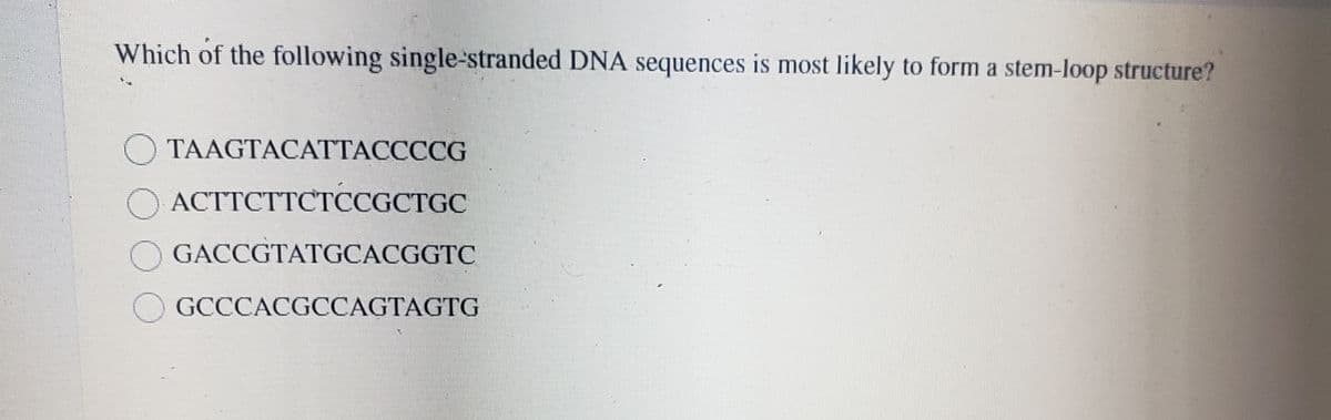 Which of the following single-stranded DNA sequences is most likely to form a stem-loop structure?
TAAGTACATTACCCCG
ACTTCTTCTCCGCTGC
GACCGTATGCACGGTC
GCCCACGCCAGTAGTG
