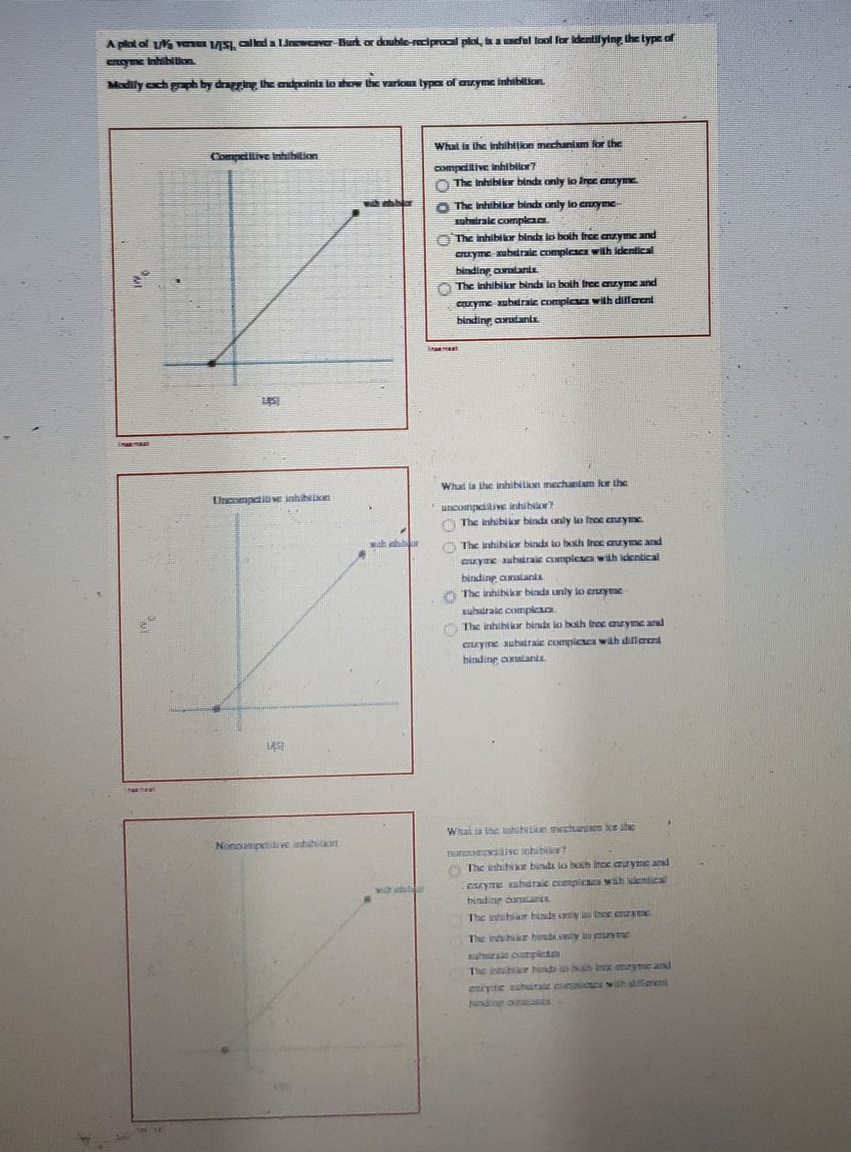 A plot of 1½5 venut VSL, Glld a Br-weaver Burk or double-reciprocal plot, is a useful tool for identifying the type of
Madily each gaph by dragging the endpoints to show the various types of enzyme inhibition.
What is the inhibition mechanism for the
competitive inhibitor?
The inhibisr binde cenly in recemyne
The inhibitor bindx only lo cozyme-
substrate complexe
The inhibike binds tas bath free enzyme and
enzyme xubxirale completes with identical
binding axolante.
The inhibikr binds to both free enzyme and
cozyme substrate completes with different
binding constants.
What is the inhibition mechaniam for the
uncompetitive inhibitor?
The inhibitor binds only to free ENZYMES.
The inhibitor bind is both tree enzyme and
enzyme auhdraic compleaca with identical
binding coulants.
The inhibar binds only in enzyme
ubrale complex.ca.
The inhibir bindis in bath free enzyme and
cxyme aubairale complicaca with dill crcnt
binding costanix.
LAST
Nompumps dve shk
with inbibus
WHEY Pullie mechanism kot the
The inh bike best to both Pro GUYER I
The inhiltsar bands y la CC CELZVER
The intelor bundy Inny and
eye schaal uit dieeti
being o