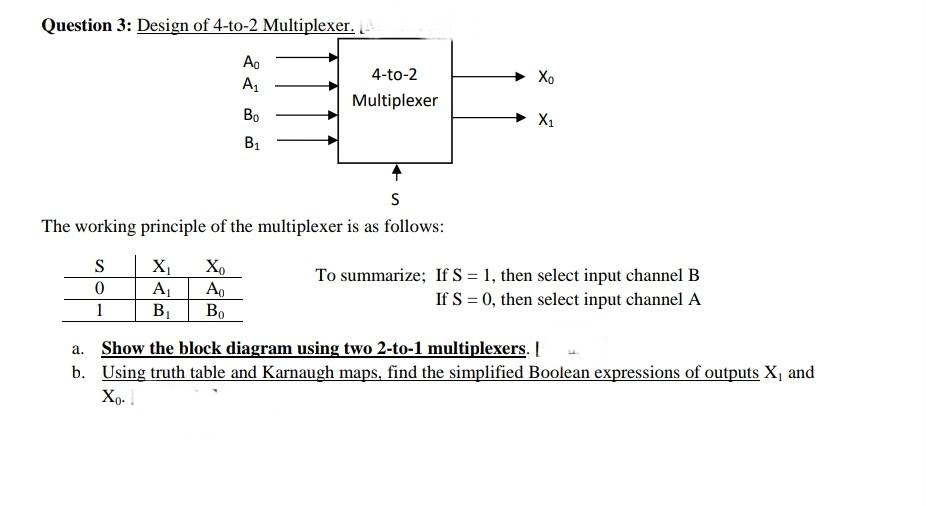 Question 3: Design of 4-to-2 Multiplexer.
Ag
4-to-2
Xo
A1
Multiplexer
Bo
X1
B1
The working principle of the multiplexer is as follows:
To summarize; If S = 1, then select input channel B
If S = 0, then select input channel A
S
X,
Xo
Ao
Bo
1
B1
a. Show the block diagram using two 2-to-1 multiplexers. |
b. Using truth table and Karnaugh maps, find the simplified Boolean expressions of outputs X, and
Xo.
