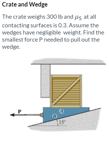 Crate and Wedge
The crate weighs 300 lb and µs at all
contacting surfaces is 0.3. Assume the
wedges have negligible weight. Find the
smallest force P needed to pull out the
wedge.
A
B
15°
