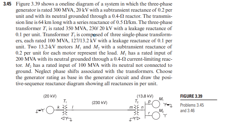 3.45 Figure 3.39 shows a oneline diagram of a system in which the three-phase
generator is rated 300 MVA, 20 kV with a subtransient reactance of 0.2 per
unit and with its neutral grounded through a 0.4-2 reactor. The transmis-
sion line is 64 km long with a series reactance of 0.5 Q/km. The three-phase
transformer T, is rated 350 MVA, 230/ 20 kV with a leakage reactance of
0.1 per unit. Transformer T, is composed of three single-phase transform-
ers, each rated 100 MVA, 127/13.2 kV with a leakage reactance of 0.1 per
unit. Two 13.2-kV motors M, and M, with a subtransient reactance of
0.2 per unit for each motor represent the load. M, has a rated input of
200 MVA with its neutral grounded through a 0.4-N current-limiting reac-
tor. M, has a rated input of 100 MVA with its neutral not connected to
ground. Neglect phase shifts associated with the transformers. Choose
the generator rating as base in the generator circuit and draw the posi-
tive-sequence reactance diagram showing all reactances in per unit.
(20 kV)
T,
(13.8 kV)
FIGURE 3.39
T2
M,
p
(230 kV)
Problems 3.45
k 3E !
m3E n
M2
and 3.46
