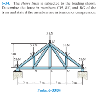 6-34. The Howe truss is subjected to the loading shown.
Determine the force in members GH, BC, and BG of the
truss and state if the members are in tension or compression.
5 kN
G
5 kN
5 kN
3 m
2 kN
2 kN
-2 m-
-2 m-
Probs. 6-33/34

