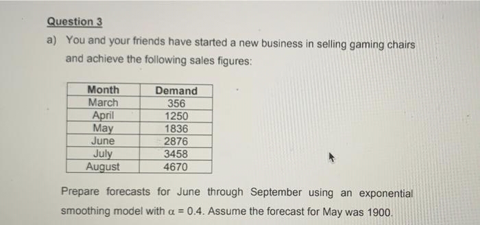 Question 3
a) You and your friends have started a new business in selling gaming chairs
and achieve the following sales figures:
Month
March
April
May
June
July
August
Demand
356
1250
1836
2876
3458
4670
Prepare forecasts for June through September using an exponential
smoothing model with a = 0.4. Assume the forecast for May was 1900.