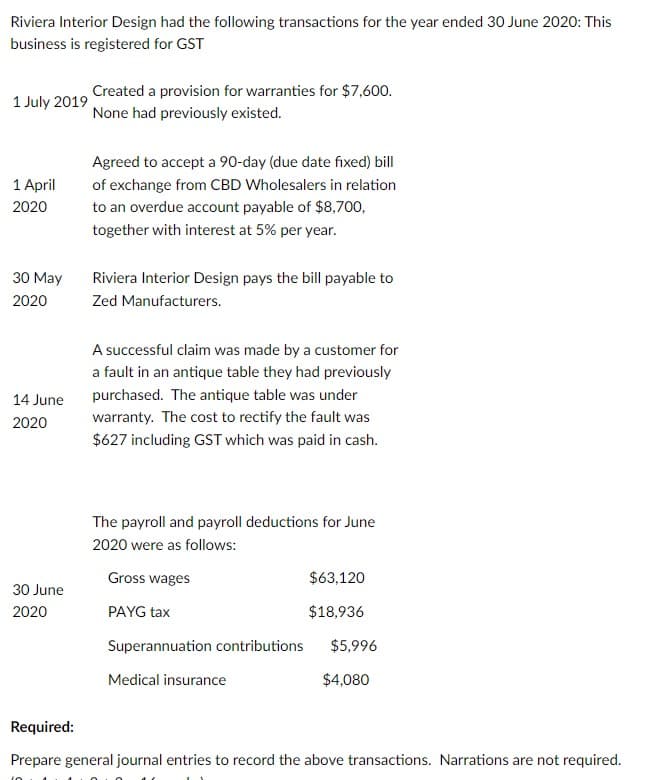 Riviera Interior Design had the following transactions for the year ended 30 June 2020: This
business is registered for GST
1 July 2019
Created a provision for warranties for $7,600.
None had previously existed.
1 April
2020
Agreed to accept a 90-day (due date fixed) bill
of exchange from CBD Wholesalers in relation
to an overdue account payable of $8,700,
together with interest at 5% per year.
30 May
2020
Riviera Interior Design pays the bill payable to
Zed Manufacturers.
14 June
2020
A successful claim was made by a customer for
a fault in an antique table they had previously
purchased. The antique table was under
warranty. The cost to rectify the fault was
$627 including GST which was paid in cash.
The payroll and payroll deductions for June
2020 were as follows:
Gross wages
$63,120
30 June
2020
PAYG tax
$18,936
Superannuation contributions
Medical insurance
$4,080
Required:
Prepare general journal entries to record the above transactions. Narrations are not required.
$5,996