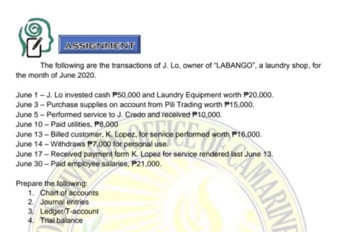 ASSIGNMENT
The following are the transactions of J. Lo, owner of "LABANGO", a laundry shop, for
the month of June 2020.
June 1- J. Lo invested cash P50,000 and Laundry Equipment worth P20,000.
June 3- Purchase supplies on account from Pili Trading worth P15,000.
June 5 - Performed service to J. Credo and received P10,.000.
June 10 - Paid utilities, P8,000
June 13 - Billed customer, K. Lopez, for service performed worth P16,000.
June 14 - Withdraws P7,000 for personal use.
June 17 - Received payment form K. Lopez for service rendered last June 13.
June 30 - Paíd employee salaries, P21,000.
Prepare the following:
1. Chart of accounts
2. Joumal entries
3. Ledger/T-account
4. Trial balance
AMARINE
