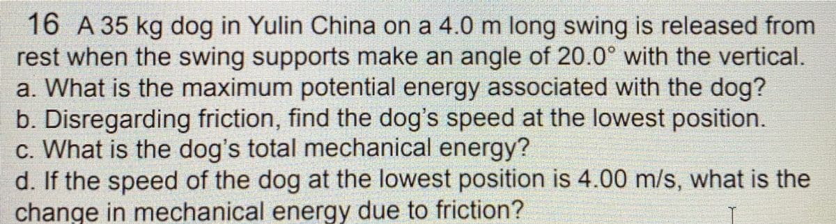 16 A 35 kg dog in Yulin China on a 4.0 m long swing is released from
rest when the swing supports make an angle of 20.0° with the vertical.
a. What is the maximum potential energy associated with the dog?
b. Disregarding friction, find the dog's speed at the lowest position.
c. What is the dog's total mechanical energy?
d. If the speed of the dog at the lowest position is 4.00 m/s, what is the
change in mechanical energy due to friction?
