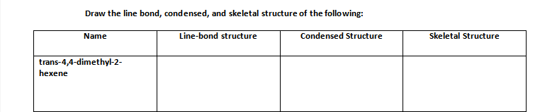Draw the line bond, condensed, and skeletal structure of the following:
Line-bond structure
Condensed Structure
Name
Skeletal Structure
trans-4,4-dimethyl-2-
hexene
