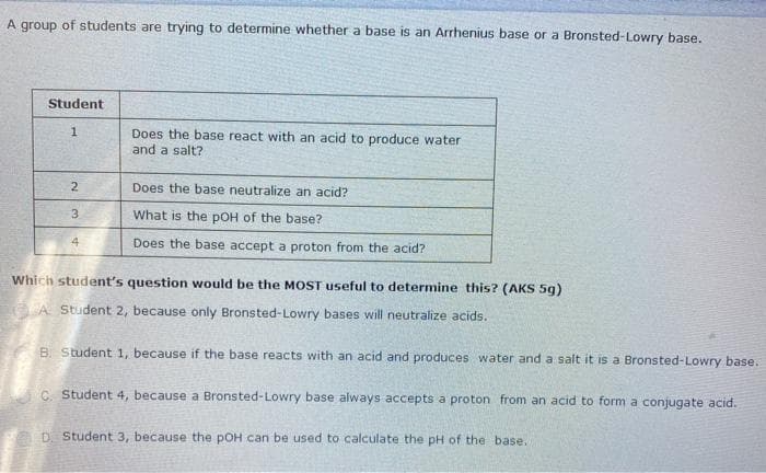 A group of students are trying to determine whether a base is an Arrhenius base or a Bronsted-Lowry base.
Student
Does the base react with an acid to produce water
and a salt?
2
Does the base neutralize an acid?
3
What is the pOH of the base?
4
Does the base accept a proton from the acid?
Which student's question would be the MOST useful to determine this? (AKS 5g)
A Student 2, because only Bronsted-Lowry bases will neutralize acids.
B Student 1, because if the base reacts with an acid and produces water and a salt it is a Bronsted-Lowry base.
C. Student 4, because a Bronsted-Lowry base always accepts a proton from an acid to form a conjugate acid.
D. Student 3, because the pOH can be used to calculate the pH of the base.
