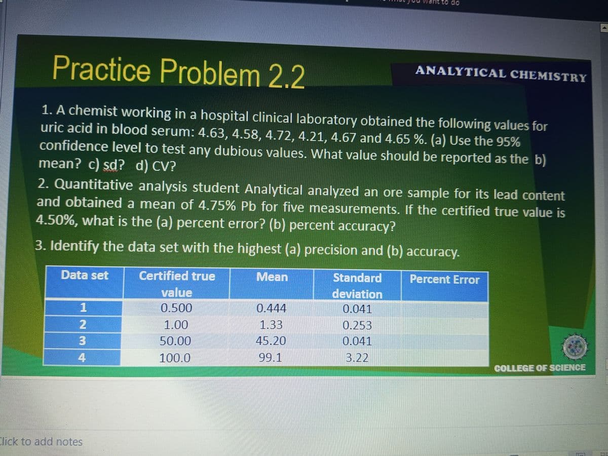 Practice Problem 2.2
ANALYTICAL CHEMISTRY
1. A chemist working in a hospital clinical laboratory obtained the following values for
uric acid in blood serum: 4.63, 4.58, 4.72, 4.21, 4.67 and 4.65 %. (a) Use the 95%
confidence level to test any dubious values. What value should be reported as the b)
mean? c) sd? d) CV?
2. Quantitative analysis student Analytical analyzed an ore sample for its lead content
and obtained a mean of 4.75% Pb for five measurements. If the certified true value is
4.50%, what is the (a) percent error? (b) percent accuracy?
3. Identify the data set with the highest (a) precision and (b) accuracy.
Data set
Mean
Percent Error
Certified true
value
Standard
deviation
1
0.500
0.444
0.041
1.00
1.33
0.253
50.00
45.20
0.041
100.0
99.1
3.22
COLLEGE OF SCIENCE
NM4
2
3
Click to add notes
P