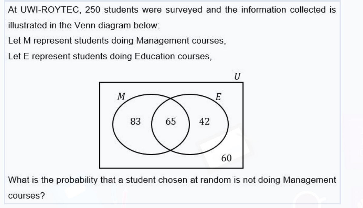 At UWI-ROYTEC, 250 students were surveyed and the information collected is
illustrated in the Venn diagram below:
Let M represent students doing Management courses,
Let E represent students doing Education courses,
U
M
83
65
42
60
What is the probability that a student chosen at random is not doing Management
courses?
