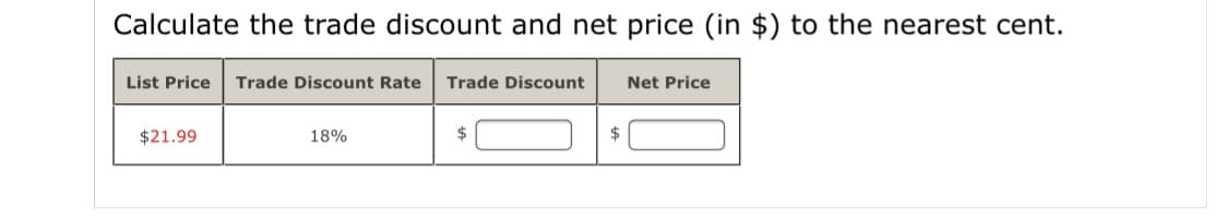 Calculate the trade discount and net price (in $) to the nearest cent.
List Price
Trade Discount Rate
Trade Discount
Net Price
$21.99
18%
$
