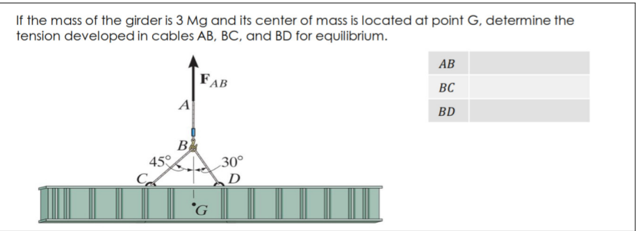 If the mass of the girder is 3 Mg and its center of mass is located at point G, determine the
tension developed in cables AB, BC, and BD for equilibrium.
АВ
FAB
BC
A
BD
B
45°
C
30°
D
