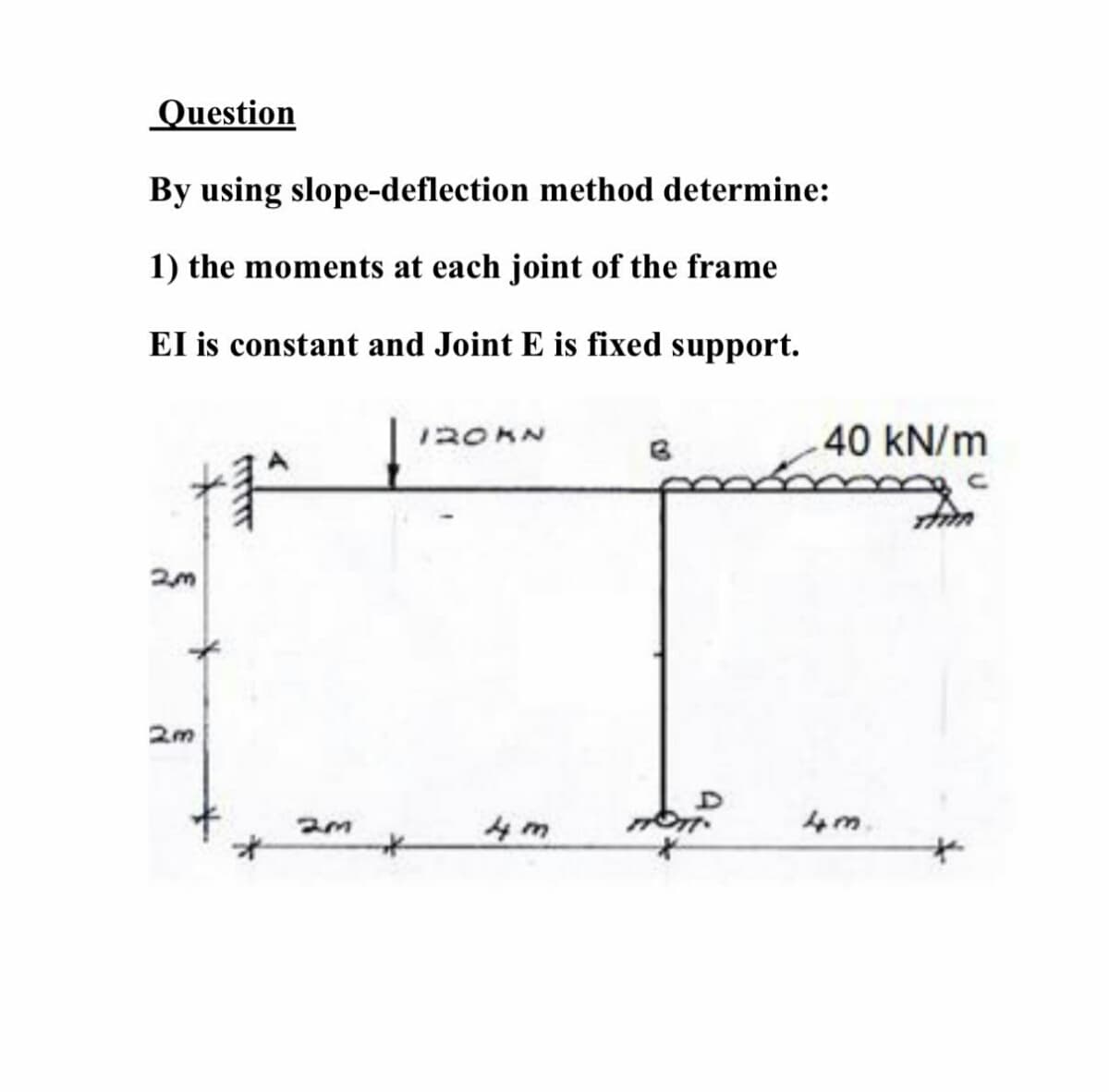 Question
By using slope-deflection method determine:
1) the moments at each joint of the frame
EI is constant and Joint E is fixed support.
120KN
40 kN/m
2m
A4 m
4m.
