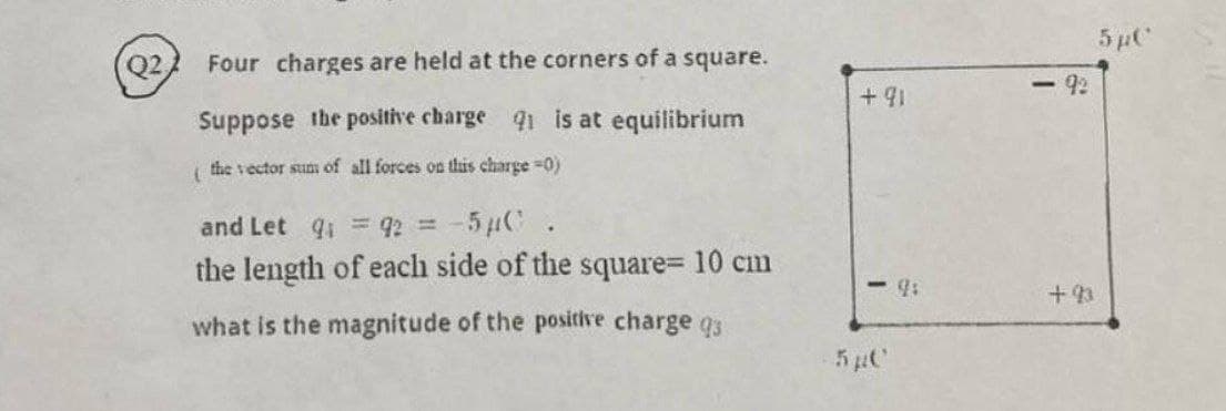 Q2,
Four charges are held at the corners of a square.
Suppose the positive charge q1 is at equilibrium
(the vector sum of all forces on this charge =0)
and Let 9₁ 92 = -5µC
•
the length of each side of the square= 10 cm
what is the magnitude of the positive charge q
+91
<- 9:
<-92
+93
5µC