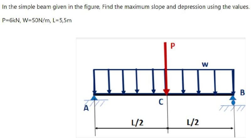 In the simple beam given in the figure, Find the maximum slope and depression using the values.
P=6kN, W=50N/m, L=5,5m
w
B
A
L/2
L/2
