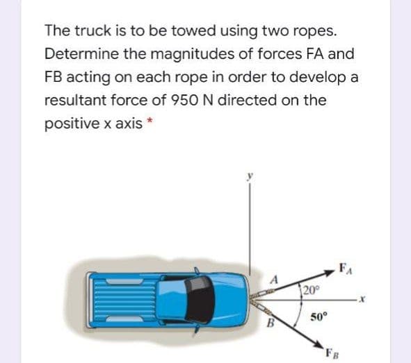 The truck is to be towed using two ropes.
Determine the magnitudes of forces FA and
FB acting on each rope in order to develop a
resultant force of 950 N directed on the
positive x axis
FA
20°
50°
FB
