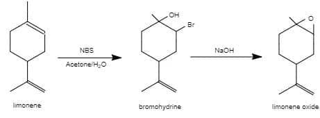 OH
Br
NBS
NaOH
Acetone/H,O
limonene
bromohydrine
limonene oxide
