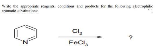 Write the appropriate reagents, conditions and products for the following electrophilic
aromatic substitutions:
Cl₂
?
FeCl3