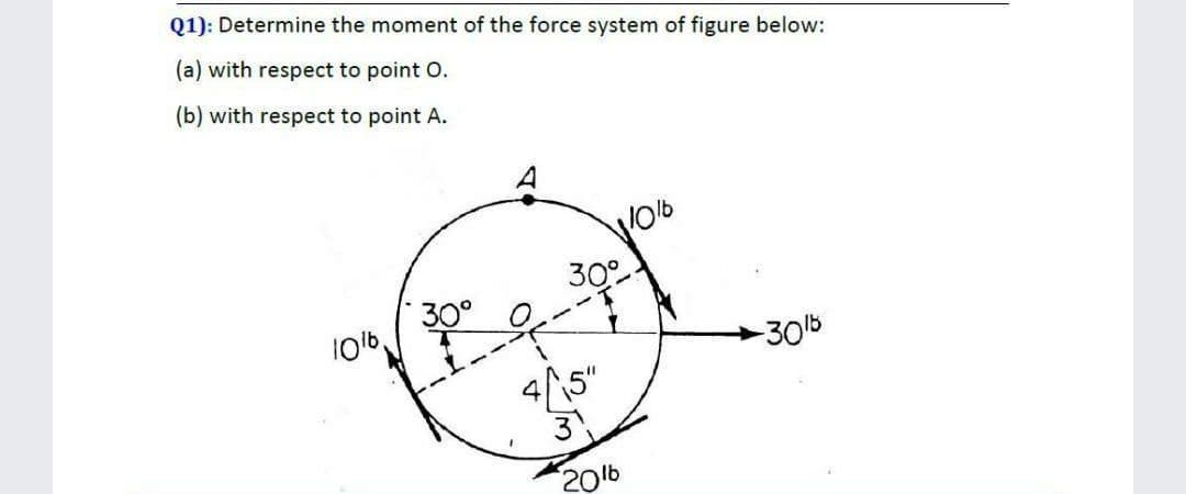 Q1): Determine the moment of the force system of figure below:
(a) with respect to point O.
(b) with respect to point A.
30
30°
101b,
-305
3
2016
in m
