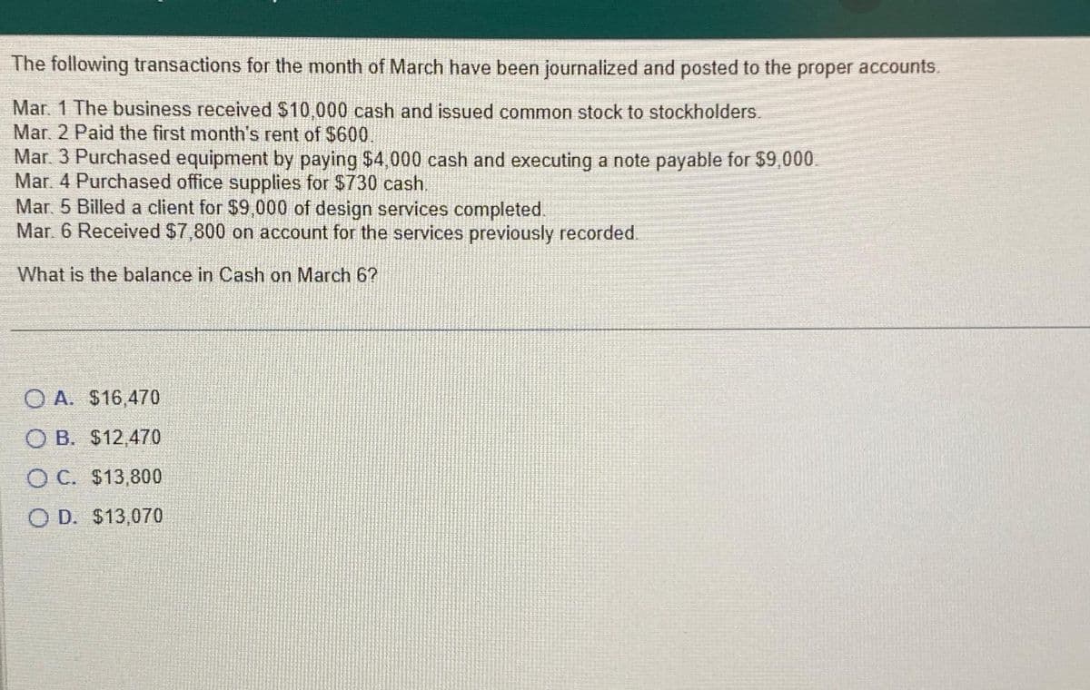 The following transactions for the month of March have been journalized and posted to the proper accounts.
Mar. 1 The business received $10,000 cash and issued common stock to stockholders.
Mar. 2 Paid the first month's rent of $600.
Mar. 3 Purchased equipment by paying $4,000 cash and executing a note payable for $9,000.
Mar. 4 Purchased office supplies for $730 cash.
Mar. 5 Billed a client for $9,000 of design services completed.
Mar. 6 Received $7,800 on account for the services previously recorded.
What is the balance in Cash on March 6?
OA. $16,470
OB. $12,470
OC. $13,800
OD. $13,070