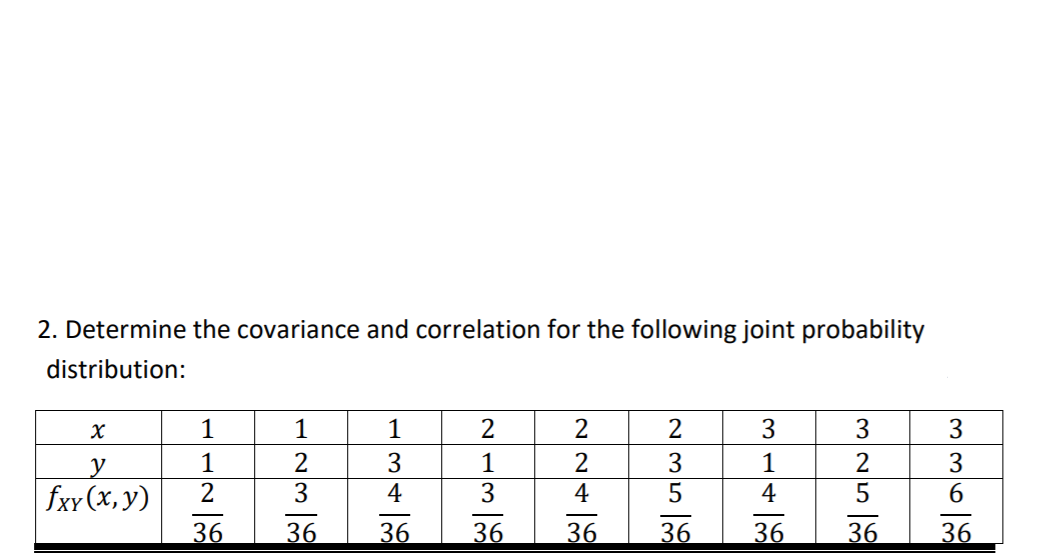2. Determine the covariance and correlation for the following joint probability
distribution:
1
1
1
3
3
3
2
1
2
3
y
| fxv (x, y)
36
2
3
4
36
36
36
36
36
36
36
2248
343
