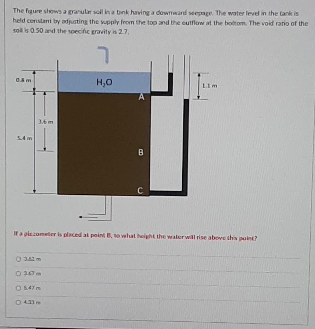 The igure shows a granular soil in a tank having a downward seepage. The water level in the tank is
held constant by adjusting the supply from the top and the outflow at the bottom. The void ratio of the
soil is 0.50 and the scecific gravity is 2.7,
H,0
0.8 m
11m
A
3.6 m
5.4 m
C
If a plezometer is placed at point B, to what height the water will rise above this point?
O 3.42 m
O 367 m
O 547 m
O 433 m
