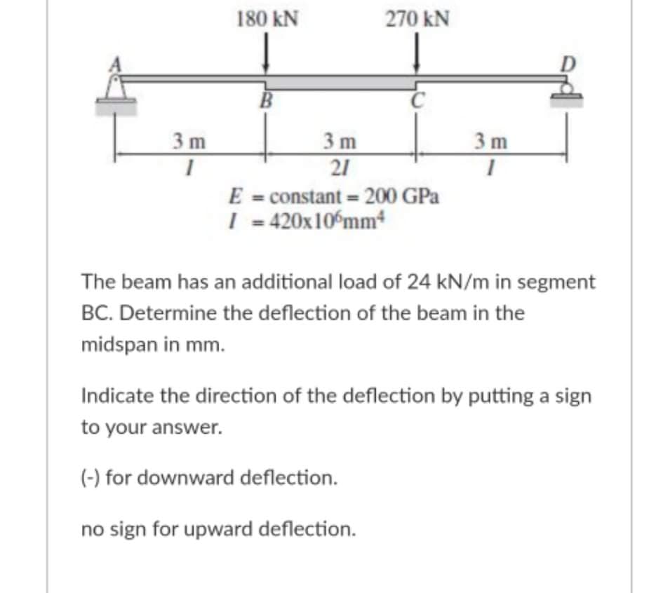 180 kN
270 kN
3 m
3 m
3m
21
E = constant = 200 GPa
| = 420x10-mm*
The beam has an additional load of 24 kN/m in segment
BC. Determine the deflection of the beam in the
midspan in mm.
Indicate the direction of the deflection by putting a sign
to your answer.
(-) for downward deflection.
no sign for upward deflection.
