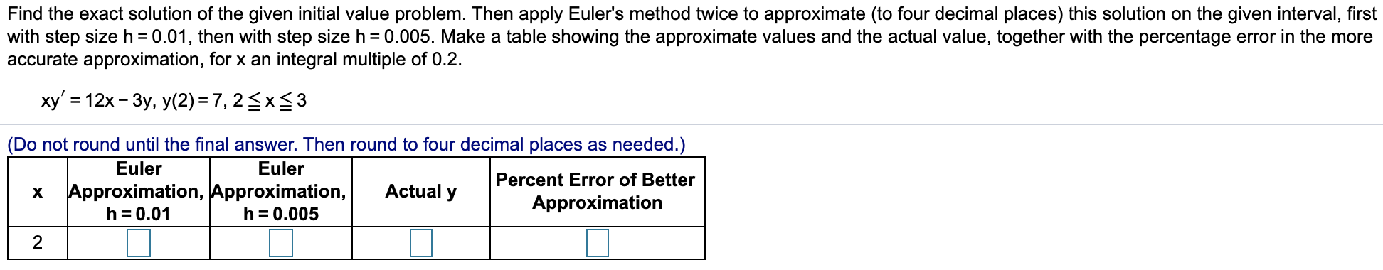 Make a table showing the approximate values and the actual value, together with the percentage error

