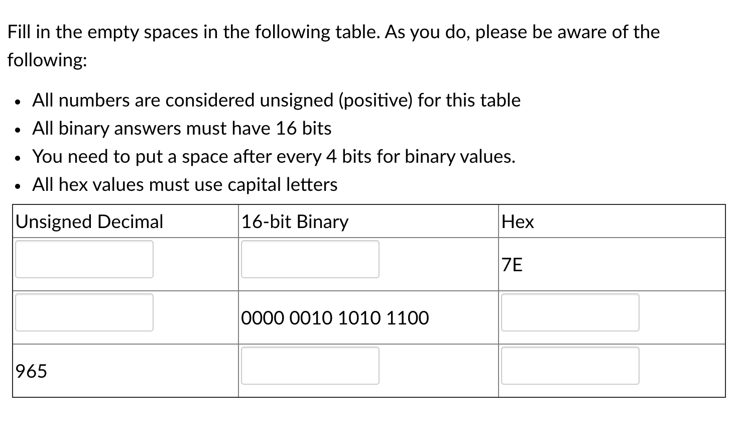 Fill in the empty spaces in the following table. As you do, please be aware of the
following:
• All numbers are considered unsigned (positive) for this table
• All binary answers must have 16 bits
• You need to put a space after every 4 bits for binary values.
• All hex values must use capital letters
Unsigned Decimal
16-bit Binary
Нех
7E
0000 0010 1010 1100
965
