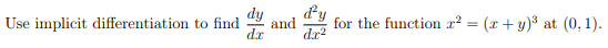 dy
dy
and
dr?
for the function x² = (x + y)³ at (0, 1).
Use implicit differentiation to find
dx
