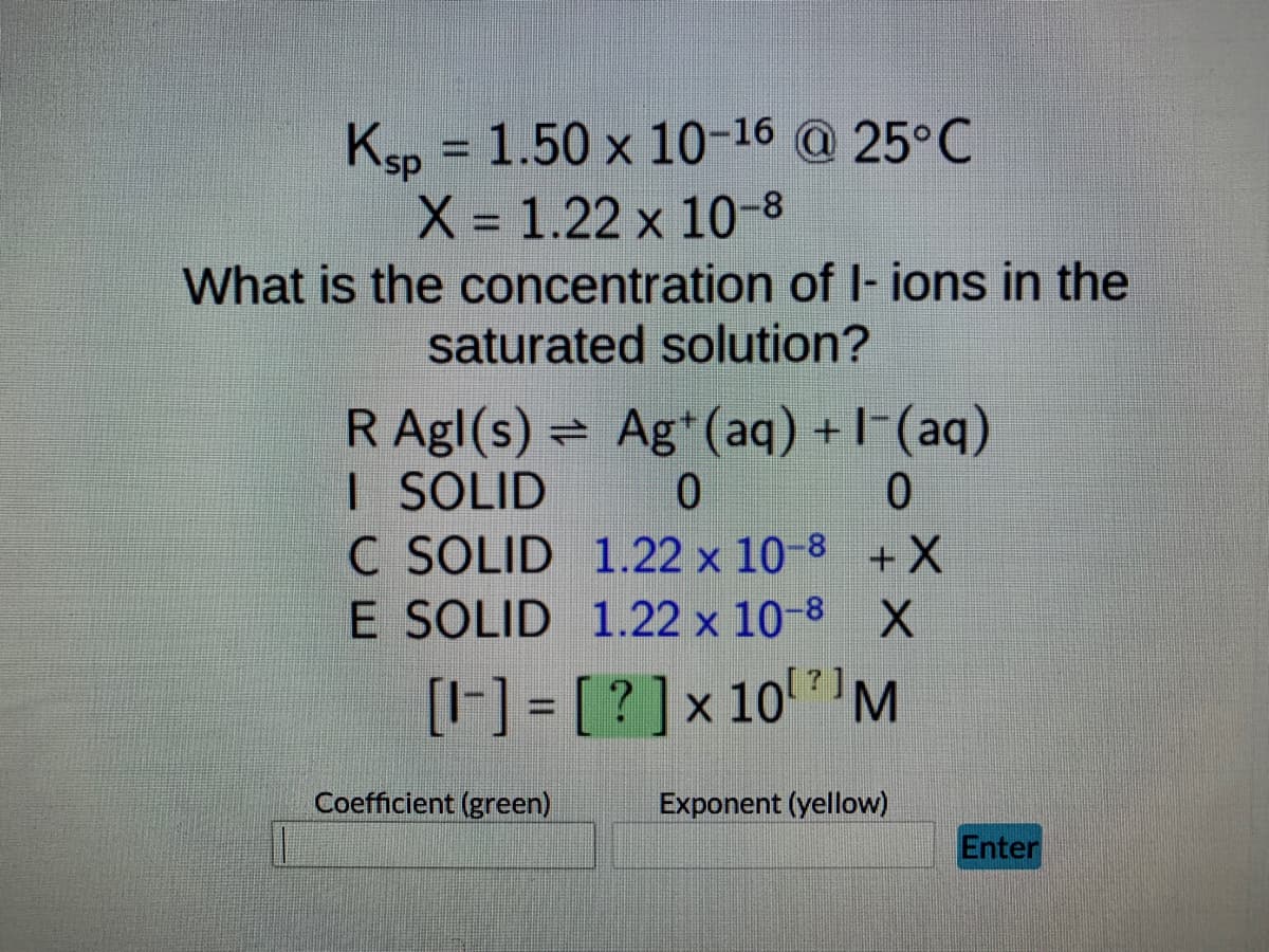 Ksp = 1.50 × 10-16 @ 25°C
X = 1.22 x 10-8
What is the concentration of l- ions in the
saturated solution?
R Agl(s)
(aq)
Ag+ (aq) +
0
I SOLID
0
C SOLID
1.22 x 10-8
+X
E SOLID 1.22 x 10-8 X
[-] = [?] × 10¹ M
Coefficient (green)
Exponent (yellow)
Enter