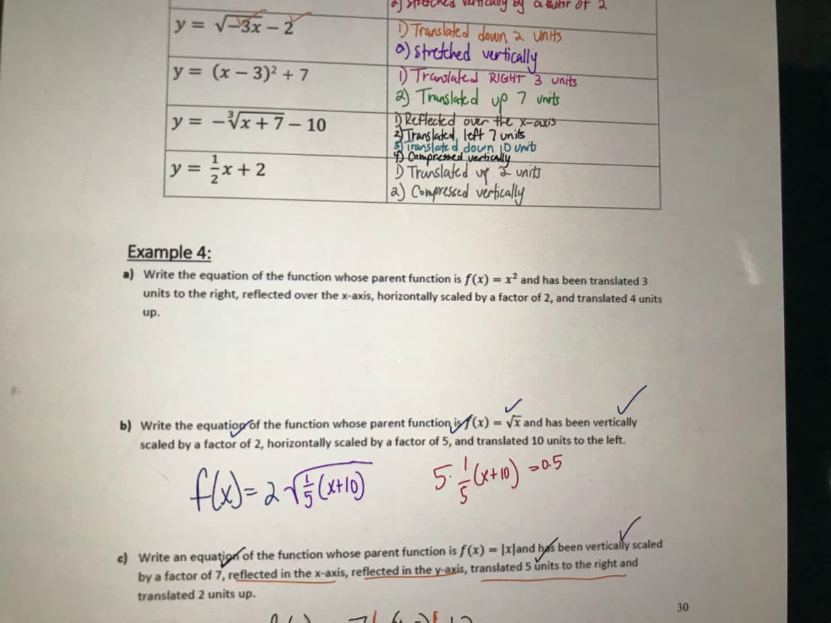 ny By a tshr of
y v-3x-2
Translated down a units
0) strethed verticaly
DTranlated RIGHT 3 units
y (x- 3)2 + 7
a) Translaked up 7 units
Reflectkd over the x-axis
Trans lated, left 7 units
y = -Vx+7- 10
down D unib
Đ Campremed vectically
Ď Trunslated uy 2 units
a) Compressed verically
y = x+2
%3D
Example 4:
a) Write the equation of the function whose parent function is f(x) = x² and has been translated 3
units to the right, reflected over the x-axis, horizontally scaled by a factor of 2, and translated 4 units
up.
b) Write the equatiop of the function whose parent function, isf(x) = V and has been vertically
scaled by a factor of 2, horizontally scaled by a factor of 5, and translated 10 units to the left.
%3D
205
c) Write an equation of the function whose parent function is f(x) = |xland has
by a factor of 7, reflected in the x-axis, reflected in the y-axis, translated 5 units to the right and
been vertically scaled
translated 2 units up.
30
