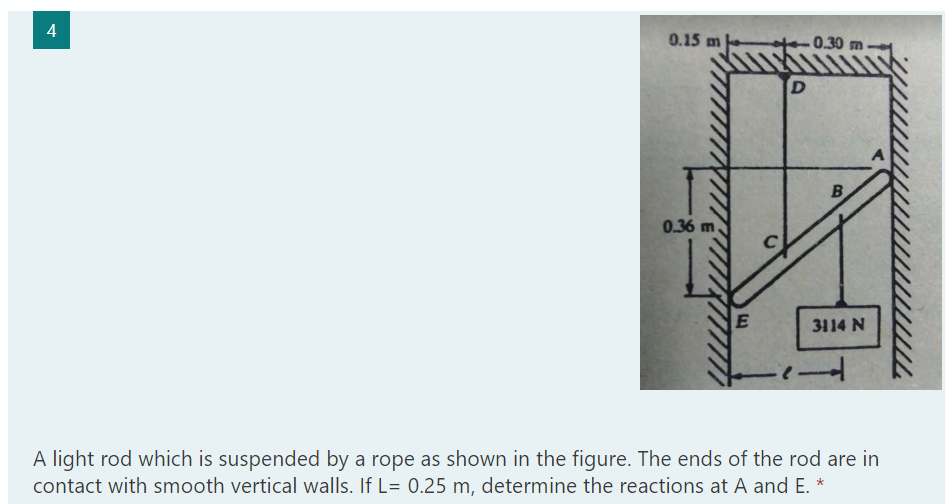 4
0.15 m
-0.30
B
0.36 m
3114 N
A light rod which is suspended by a rope as shown in the figure. The ends of the rod are in
contact with smooth vertical walls. If L= 0.25 m, determine the reactions at A and E.
