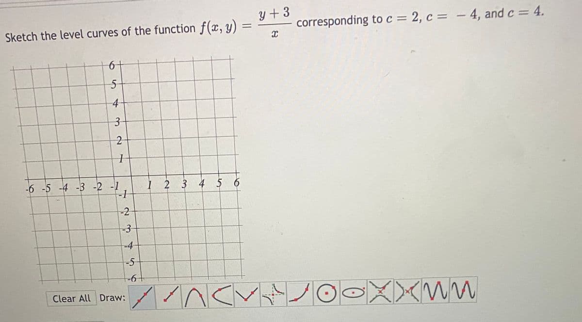 Sketch the level curves of the function f(x, y) =
y + 3
corresponding to c = 2, c = - 4, and c = 4.
4
-6 -5 -4 -3 -2 -1
I 2 3 4 5 6
-2
-3
-4
-5
-6+
Clear All Draw:
3.
