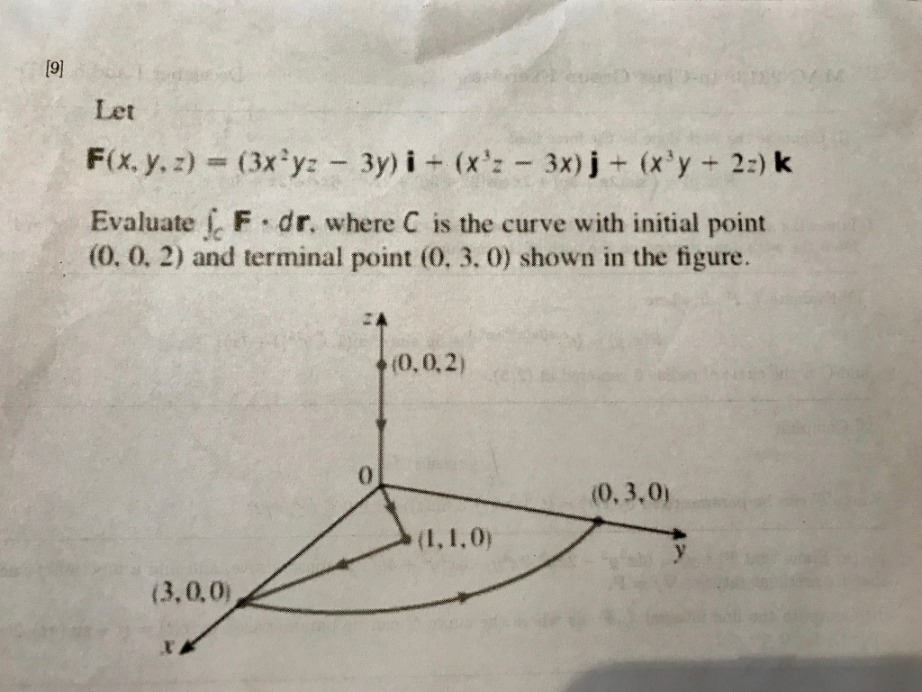 [9]
Let
F(x. y. z) (3x yz - 3y) i (x'z - 3x) j + (x'y+ 2:) k
Evaluate F dr. where C is the curve with initial point
(0, 0. 2) and terminal point (0. 3. 0) shown in the figure.
(0,0,2)
(0, 3,0)
(I,1,0)
(3,0,0)
