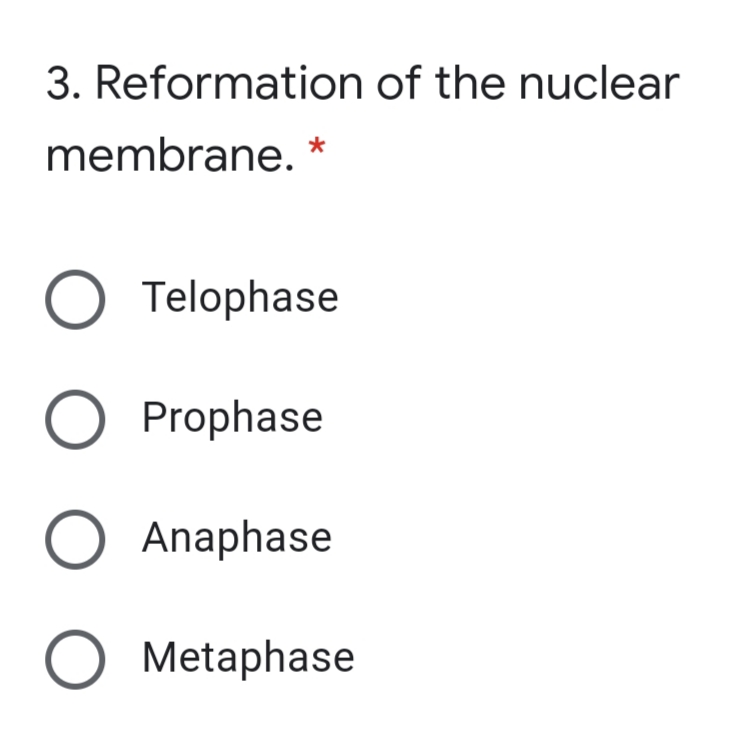 3. Reformation of the nuclear
membrane. *
O Telophase
O Prophase
O Anaphase
Metaphase
ООО О
