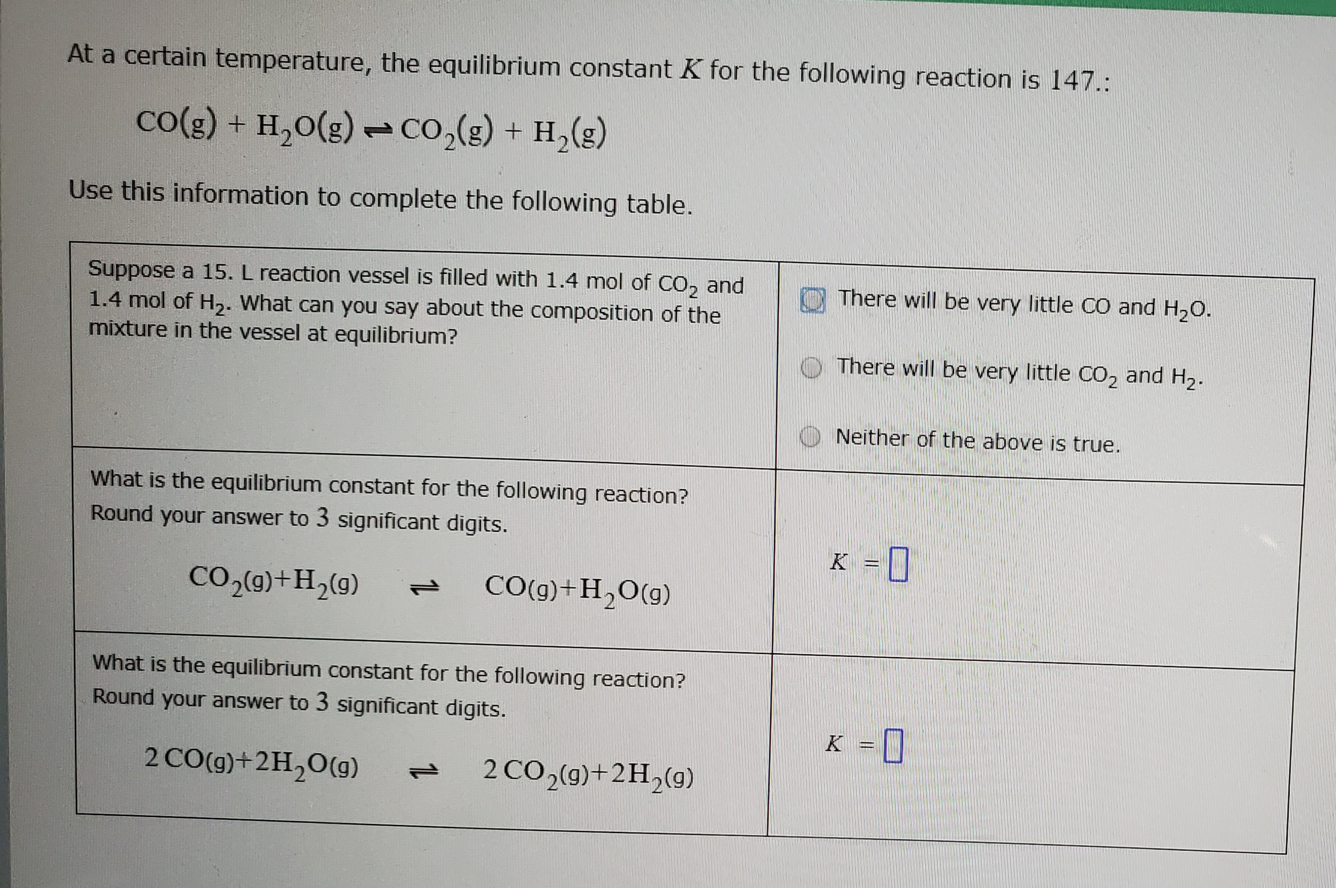 At a certain temperature, the equilibrium constant K for the following reaction is 147.:
CO(g) + H,O(g) co,(g) + H,(g)
Use this information to complete the following table.
Suppose a 15. L reaction vessel is filled with 1.4 mol of CO, and
1.4 mol of H,. What can you say about the composition of the
mixture in the vessel at equilibrium?
There will be very little CO and H,0.
There will be very little CO, and H2.
Neither of the above is true.
What is the equilibrium constant for the following reaction?
Round your answer to 3 significant digits.
K = ]
CO,(g)+H,(9)
CO(g)+H,O(g)
What is the equilibrium constant for the following reaction?
Round your answer to 3 significant digits.
2 CO(g)+2H,0(9)
1L
2 CO,(9)+2H,(9)
