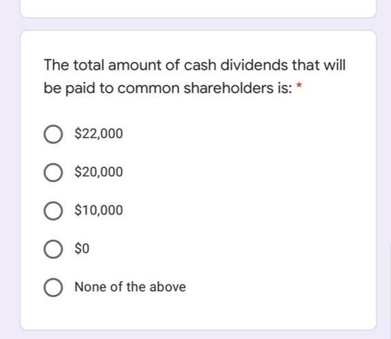 The total amount of cash dividends that will
be paid to common shareholders is: *
$22,000
$20,000
$10,000
$0
None of the above
